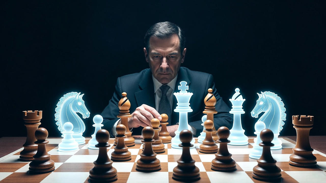 A business leader contemplating a strategic move on a chessboard with traditional and glowing futuristic pieces