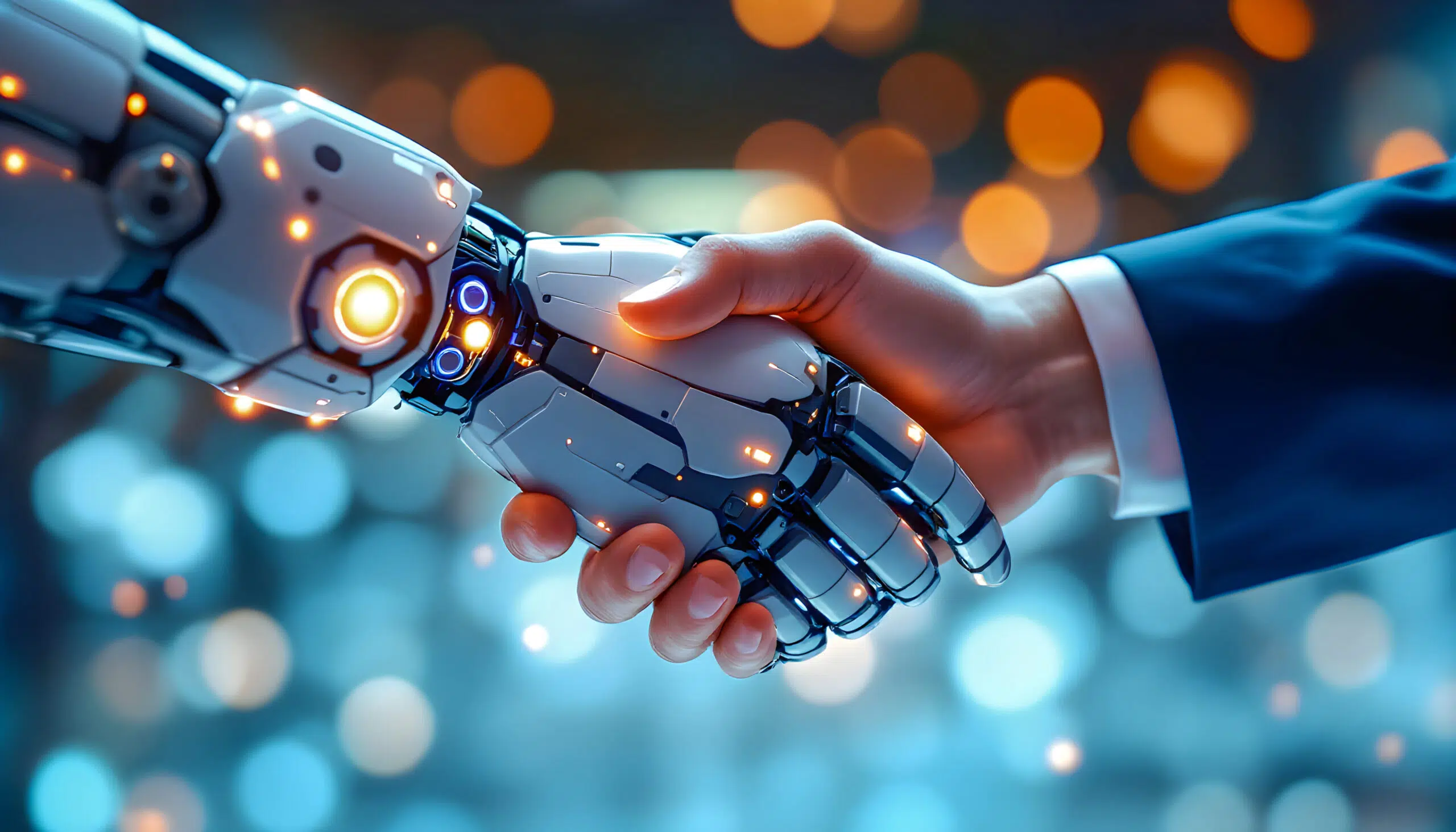 Close up manager shakes hands with robot Male thanks artificial intelligence machine for helping - IMD Business School