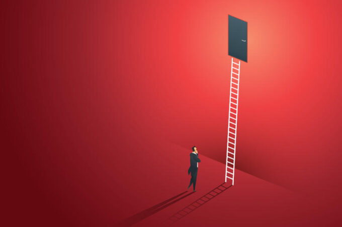 Business person standing thinking looks at door on wall red up path ladder to goal success illustration Vector Business person standing thinking looks at door on wall red up path ladder to goal success illustration Vector