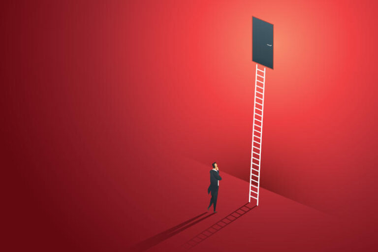 Business person standing thinking looks at door on wall red up path ladder to goal success illustration Vector