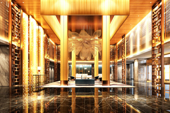 3d render of luxury hotel lobby reception hall