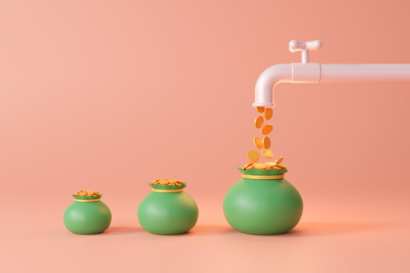 Passive Income streams growth up dividends property rental or investment profit return on investment Income for building wealth money coins flow out from pipe into money bag 3D rendering