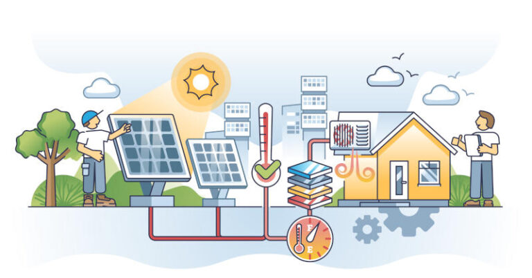 Solar thermal storage for heat accumulation and storage outline concept Sun panels usage for house heating and temperature control vector illustration Alternative and ecological system installation