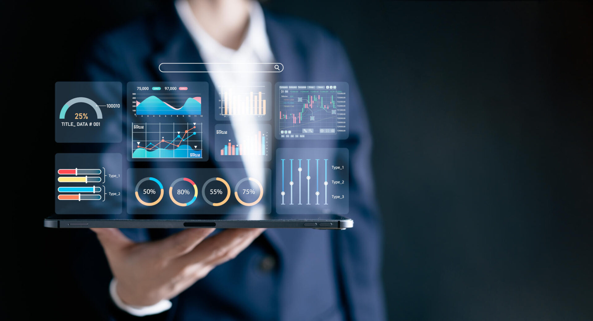 Businesswomen showing analyze data business automated chart graph dashboardManagement system marketing and financial connected to the database for virtual screen for futuristic