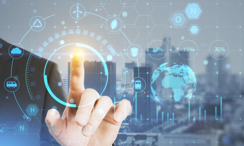 Close up of businessman hand pointing at creative glowing ECO HUD screen hologram on blurry city background with mock up place Ecosystem and digital technology concept Double exposure