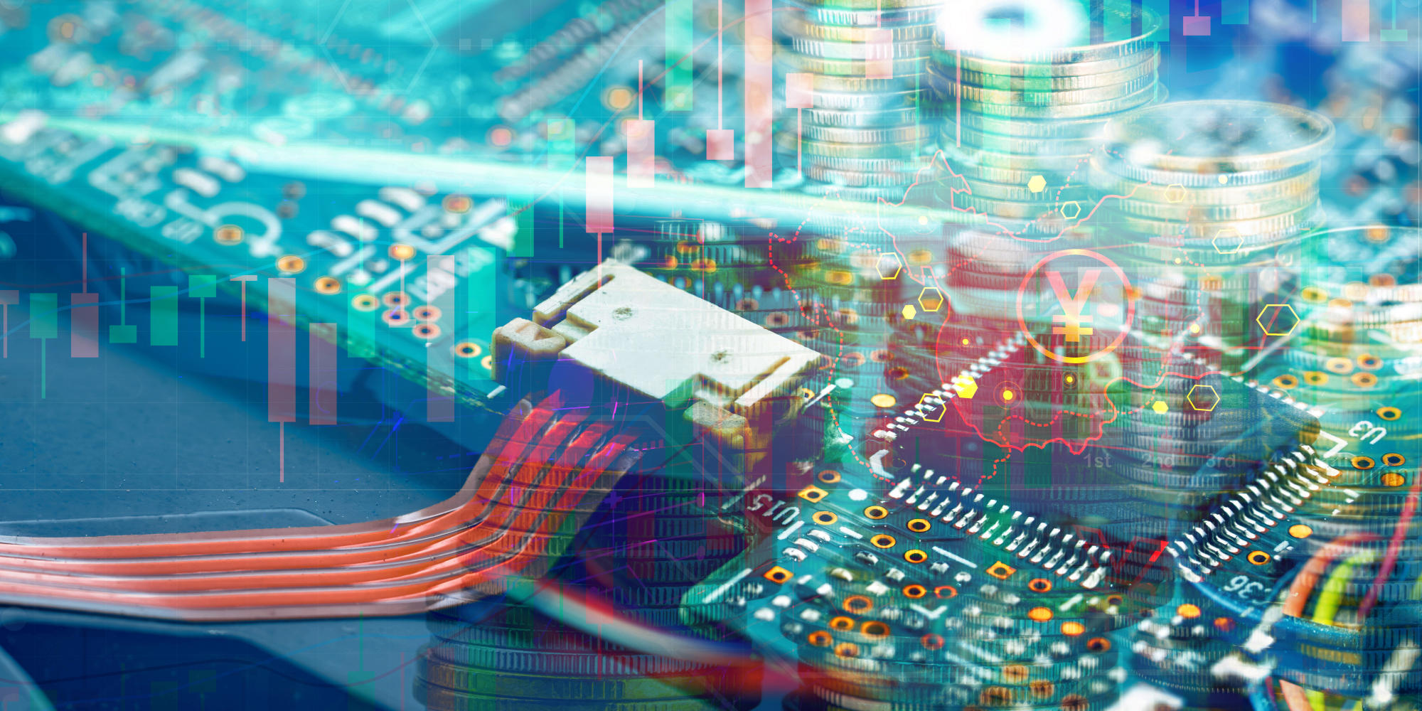 Electronic circuit board on background of Yuan currency sign coin stack and China map Growth stock market graph Mainboard of computer Electronic industry in China Chip shortage and trade war