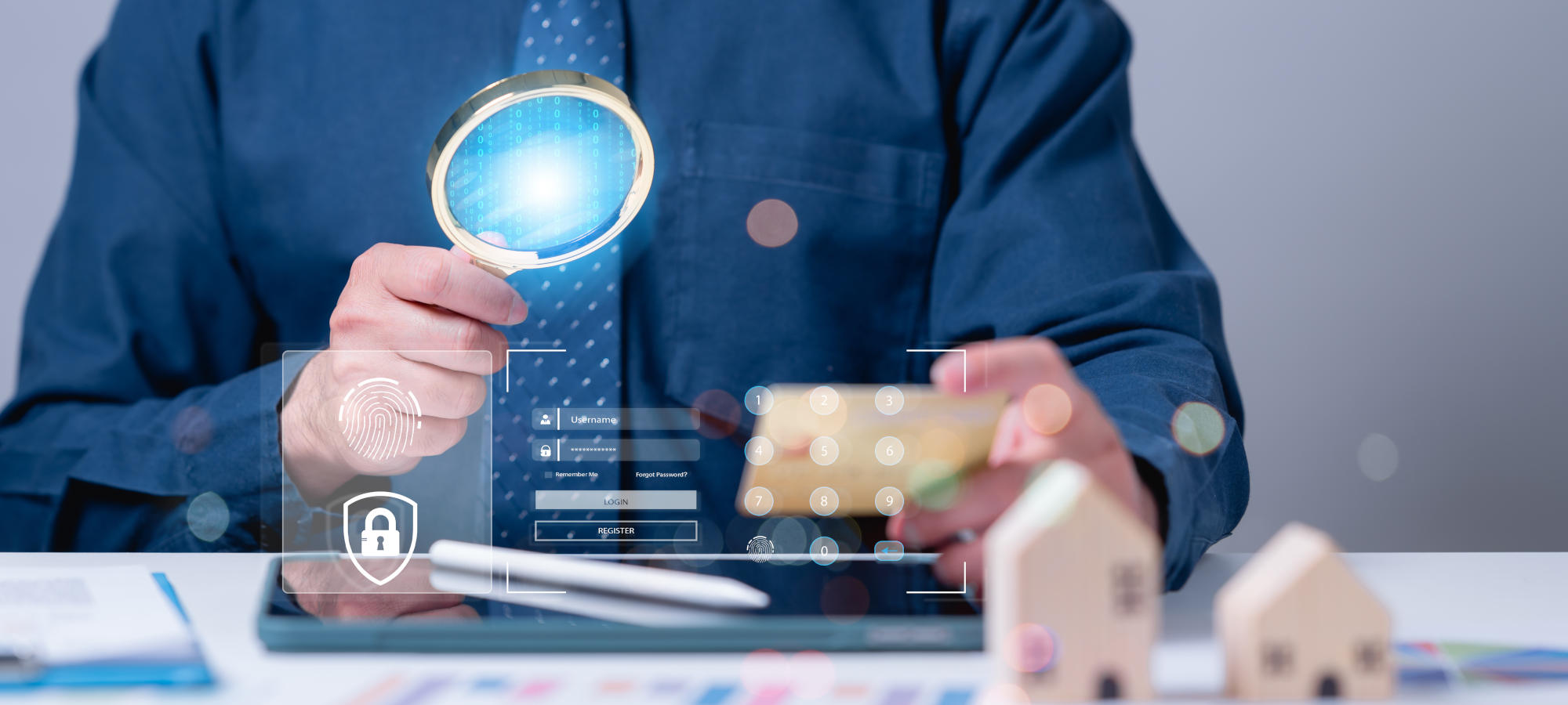 A professional examines security measures using a magnifying glass highlighting biometric data and digital authentication securing confidential information in the age of advanced technology