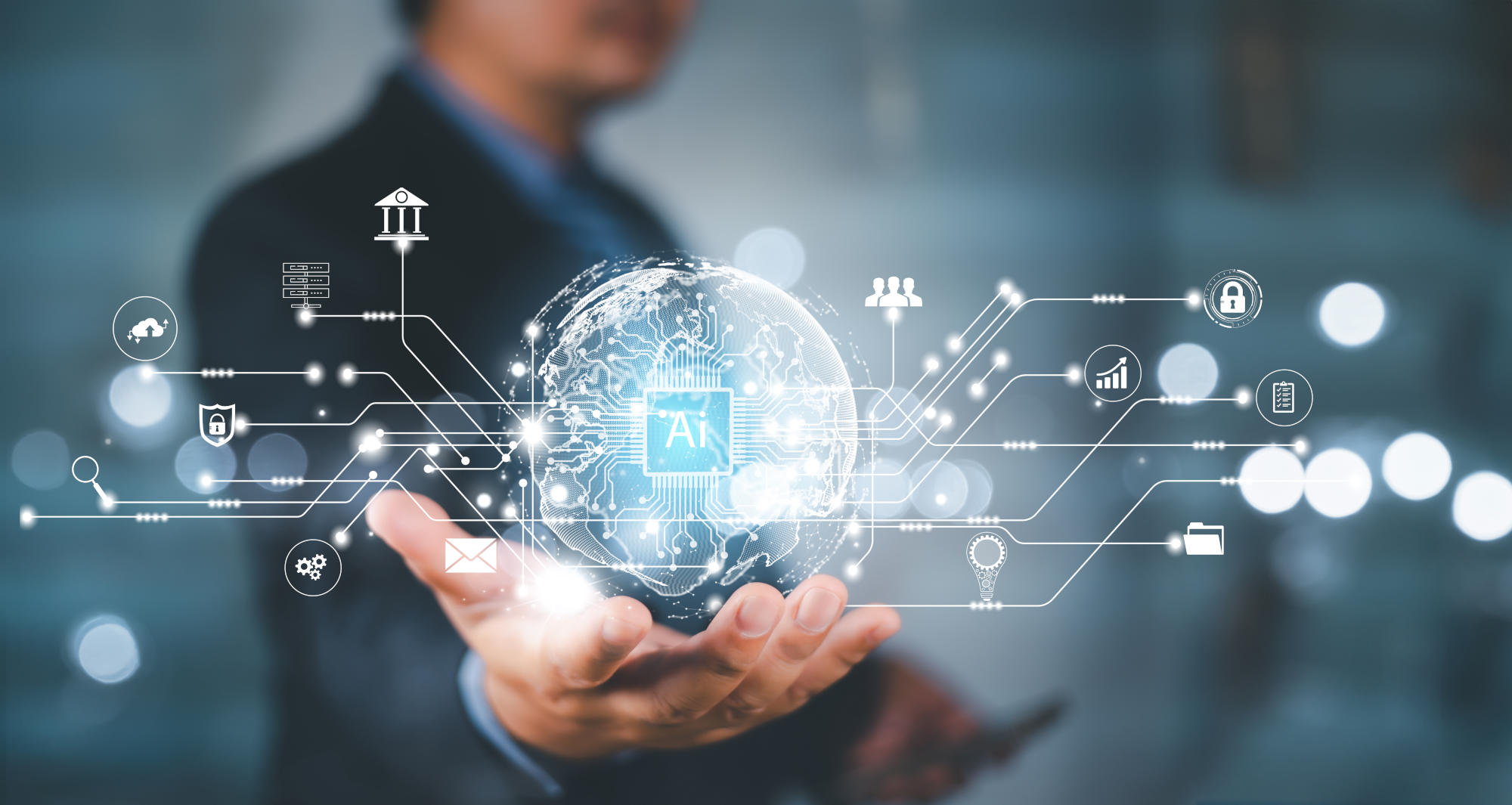 businessman using technology AI for working tools Chat bot Chat with AI using technology smart robot AI artificial intelligence to generate something or Help solve work problems