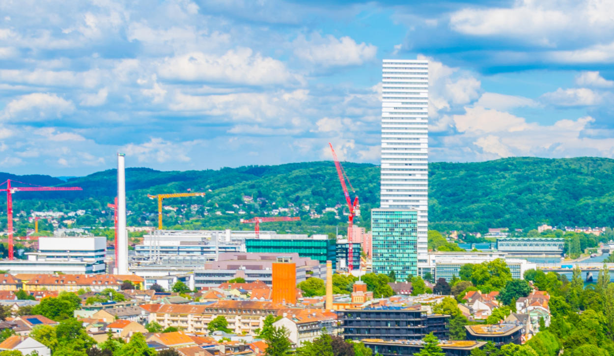 Riverside of Rhine dominated by the Roche tower in Switzerland