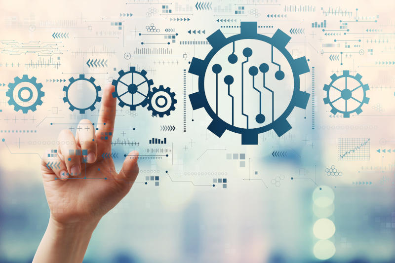 Automation concept with hand pressing a button