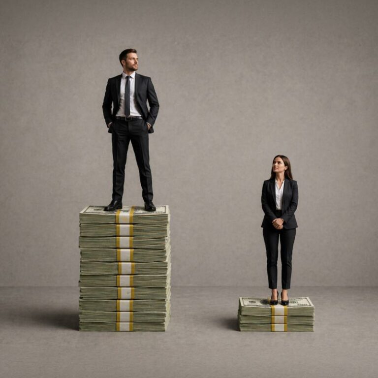 Venture Capital Gender Bias showcased by people standing on piles of cash