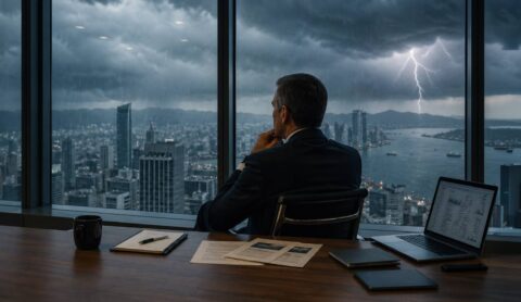 Man at business desk storm outside