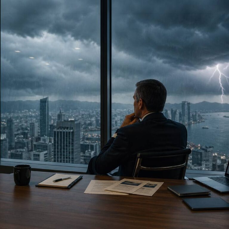 Man at business desk storm outside