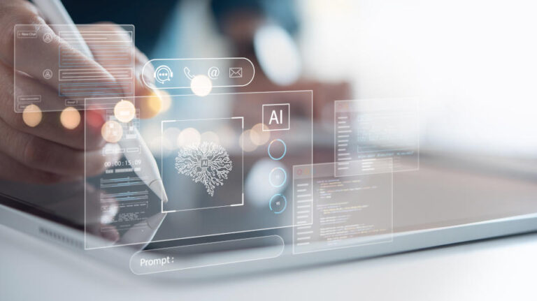 AI Artificial Intelligence Businessman using digital tablet with AI technology for data analysis coding computer language with digital brain machine learning prompt engineering