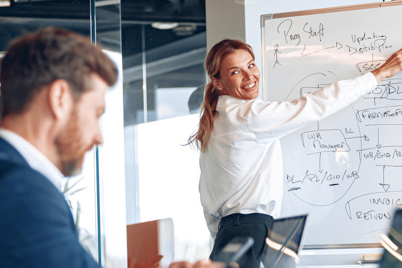 businesswoman explaining her business plan to colleagues while making a presentation in the office businesswoman explaining her business plan to colleagues while making a presentation in the office