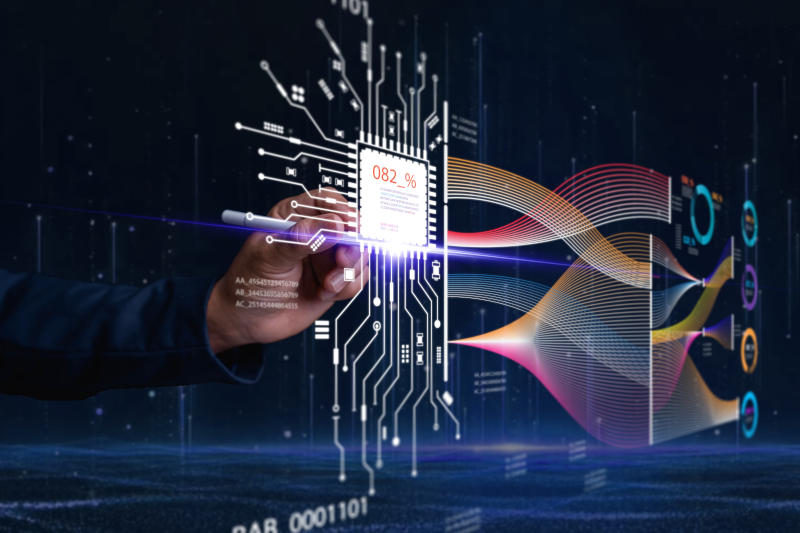 Businessman touched quantum computing on a virtual screen of network server big data Up to speed and accuracy of processing Quantum Computer for Industry 40 and smart robot business or AI Businessman touched quantum computing on a virtual screen of network server big data Up to speed and accuracy of processing Quantum Computer for Industry 40 and smart robot business or AI