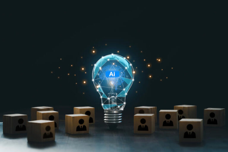 Artificial intelligence innovation AI adoption and working AI with a digital brain in a lightbulb with human icons in wooden blocks for AI vs human competition manage personnel in the organization