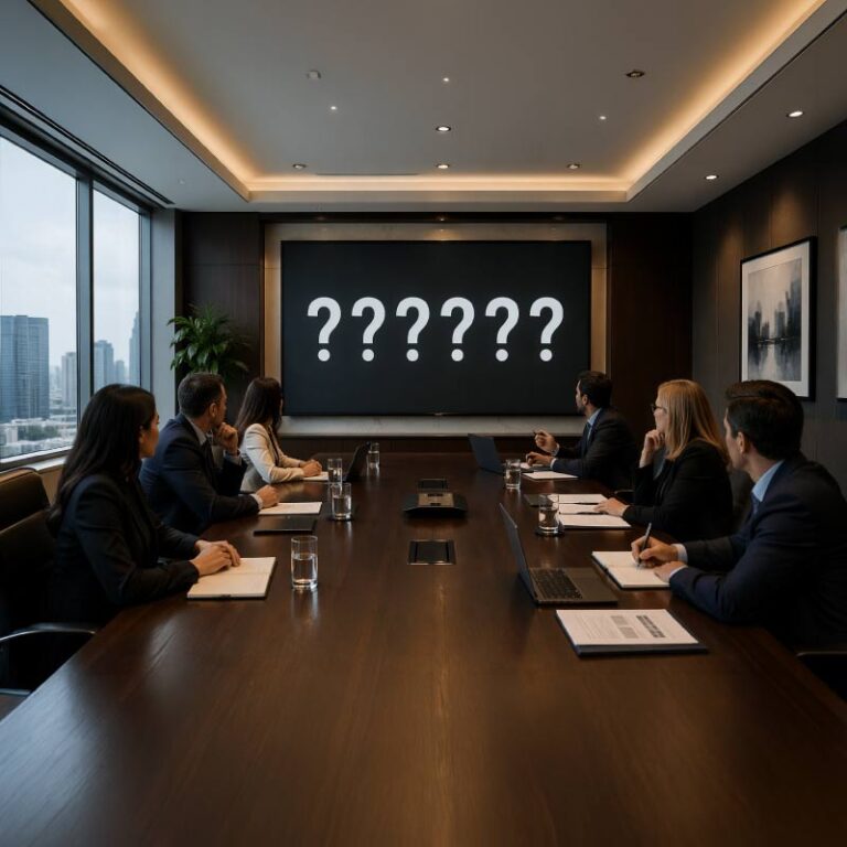 Question Marks on a black board in a business meeting