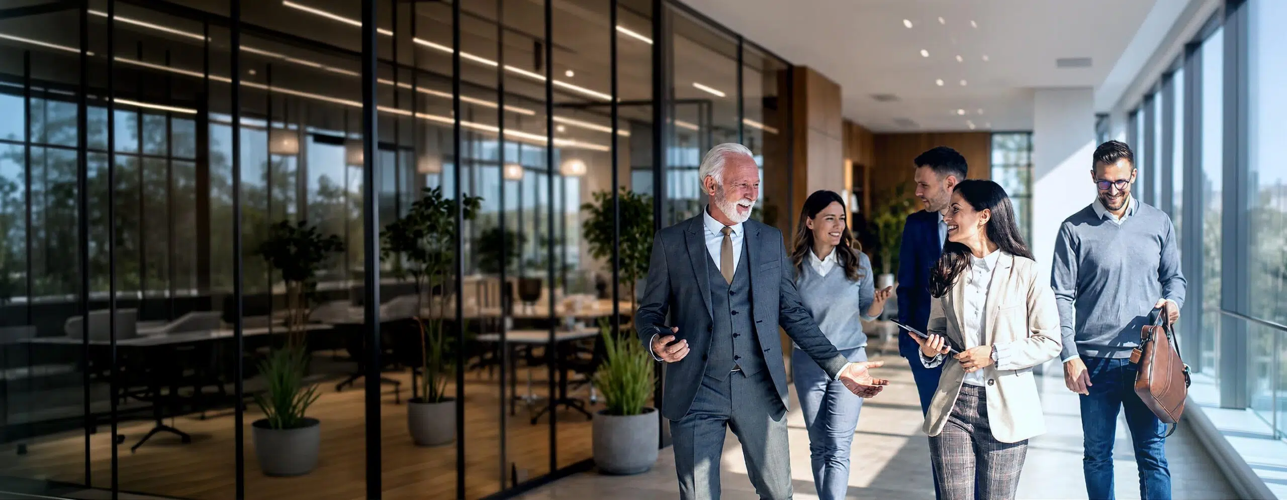 Family business executives talking in an open modern space - IMD Leading Family Business - IMD Business School
