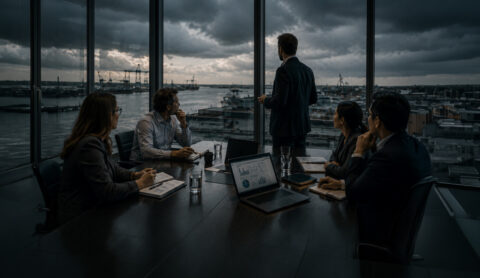 Boardroom view with dark cloud sin the background