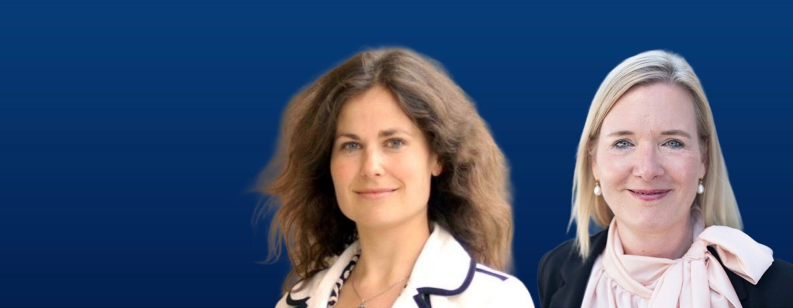 Two professional women standing side by side against a dark blue gradient background, smiling at the camera for a corporate portrait. - IMD Business School
