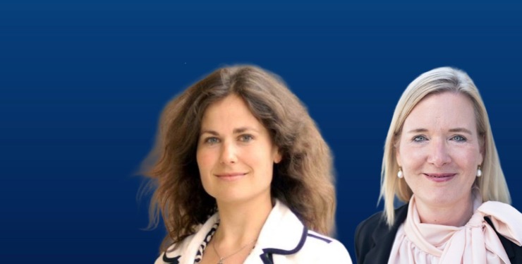 Two professional women posing side by side against a blue gradient background. - IMD Business School