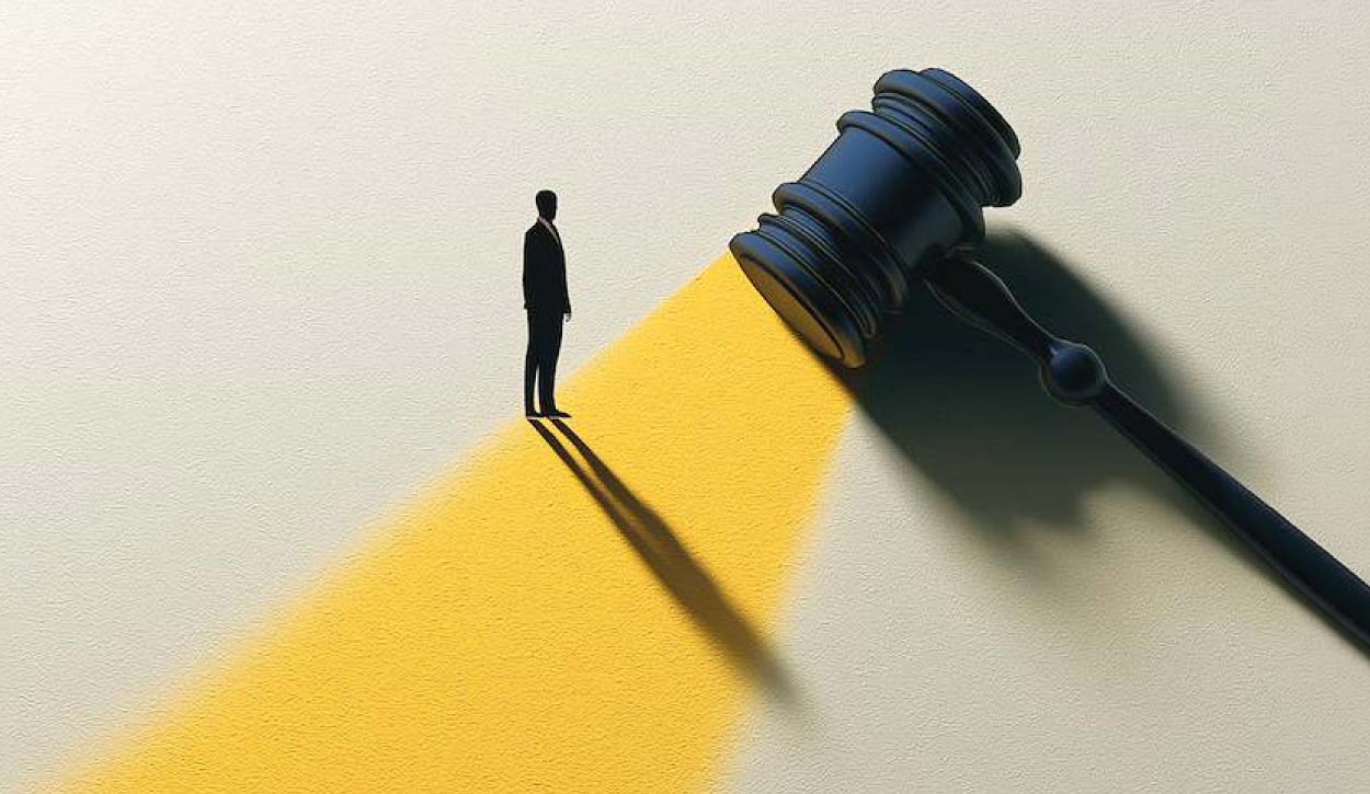 Small silhouette of a person on a yellow path facing a large gavel, symbolizing pursuit of justice.