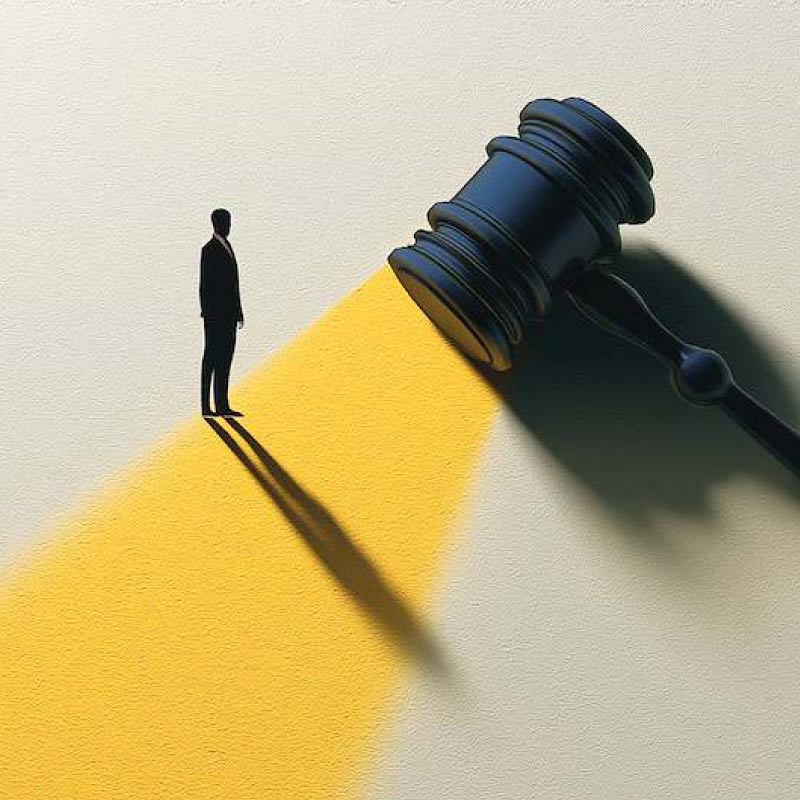 Silhouette of a man on a bright yellow beam facing a large judge's gavel, symbolizing a legal decision.