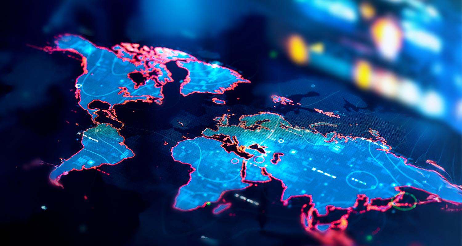 Neon blue world map with red outlines highlighting coastlines, representing global networks or cybersecurity imagery - IMD Business School