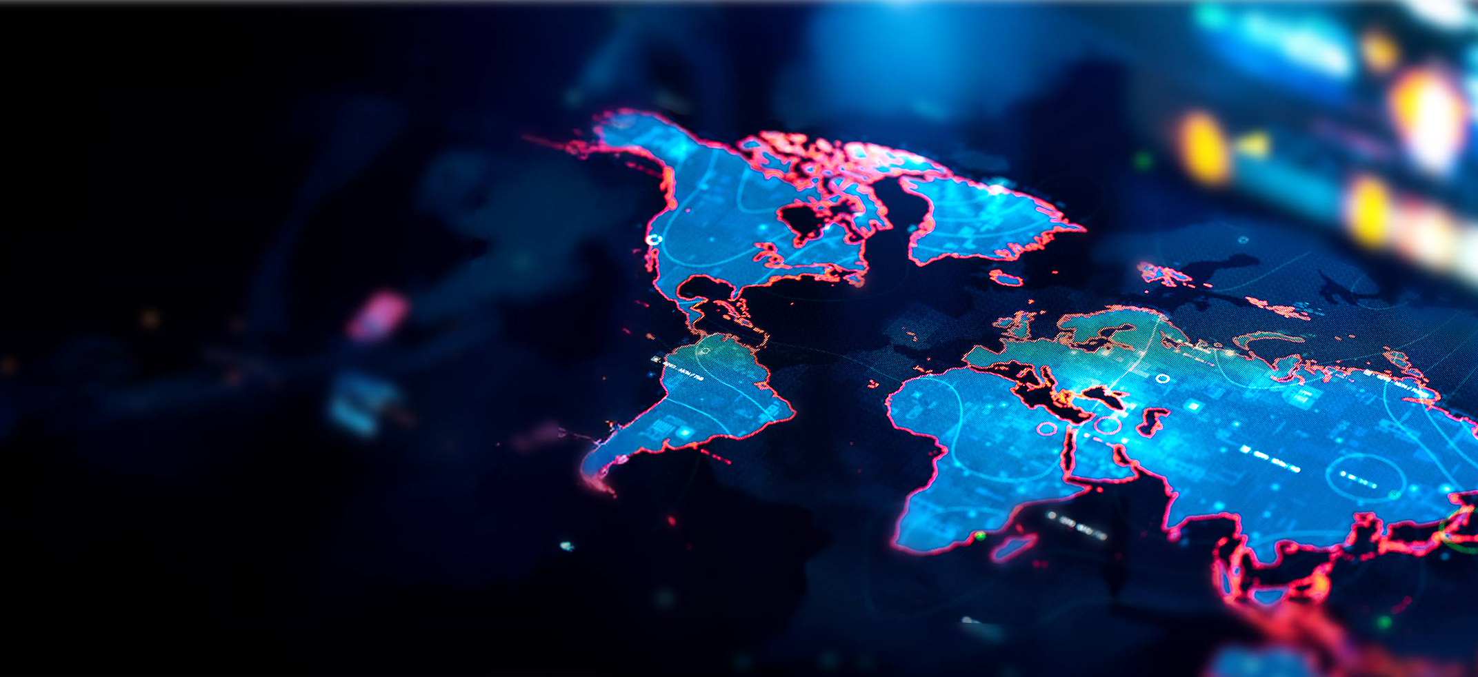 Futuristic digital world map with glowing blue landmasses outlined in pink for a tech dashboard - IMD Business School
