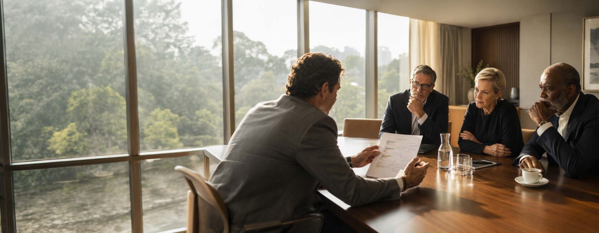middle manager presents a document outlining strategic trade-offs to senior executives during a boardroom meeting