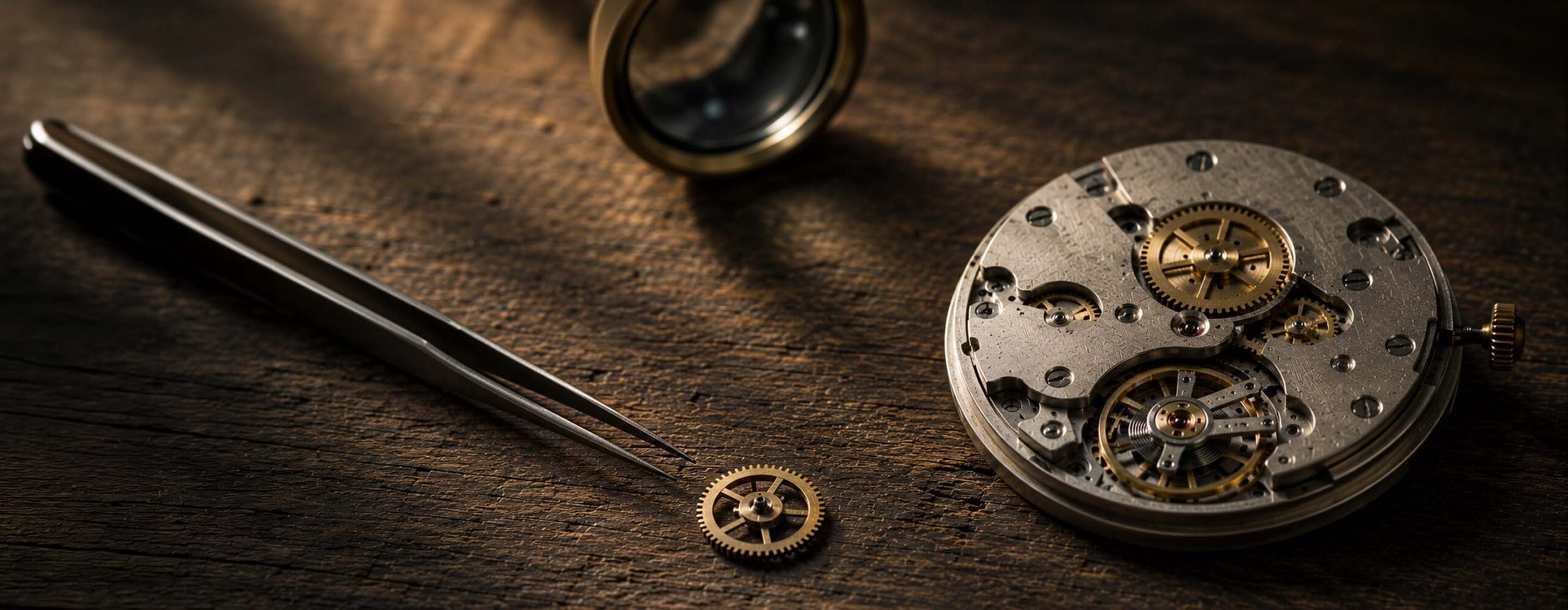 Close-up of a disassembled pocket watch mechanism with brass gears on a dark wooden workbench, tweezers nearby.