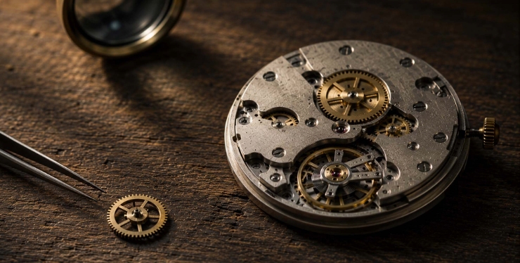 Close-up of a disassembled pocket watch mechanism with brass gears on a dark wooden workbench, tweezers nearby.