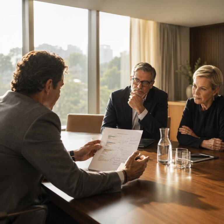 middle manager presents a document outlining strategic trade-offs to senior executives during a boardroom meeting