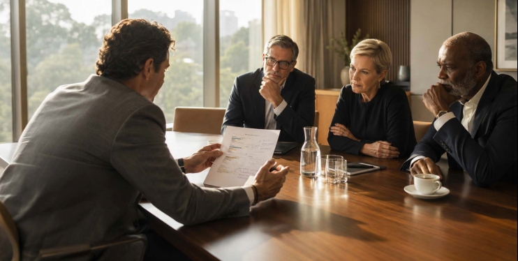 Middle manager middle manager presents a document outlining strategic trade-offs to senior executives during a boardroom meeting