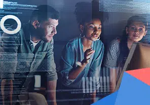 Three coworkers lean toward a computer screen, examining code and data overlays in a blue-toned, high-tech workspace. - IMD Business School