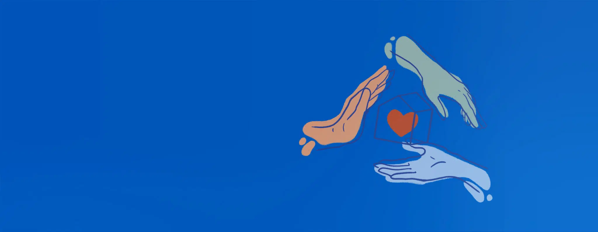 Blue background with several hands surrounding a small cube containing a red heart, symbolizing care and protection. - IMD Business School