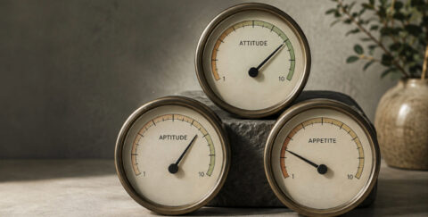 Three analogue gauges labeled Attitude, Aptitude, and Appetite are arranged together, each showing a different position on a 1 to 10 scale, illustrating a decision-making framework for evaluating whether to take on a new task or project