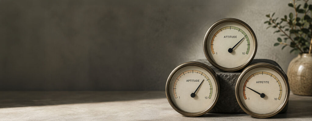 Three analogue gauges labeled Attitude, Aptitude, and Appetite are arranged together, each showing a different position on a 1 to 10 scale, illustrating a decision-making framework for evaluating whether to take on a new task or project - IMD Business School - IMD Business School