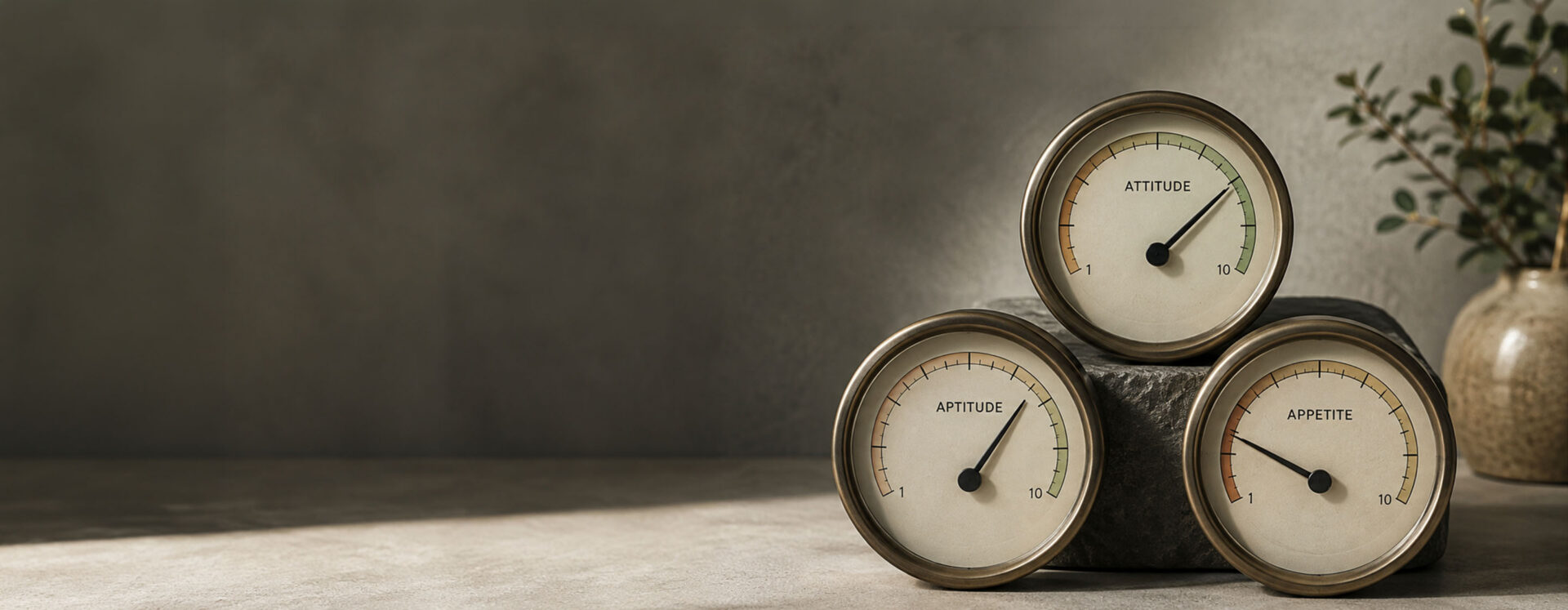 Three analogue gauges labeled Attitude, Aptitude, and Appetite are arranged together, each showing a different position on a 1 to 10 scale, illustrating a decision-making framework for evaluating whether to take on a new task or project