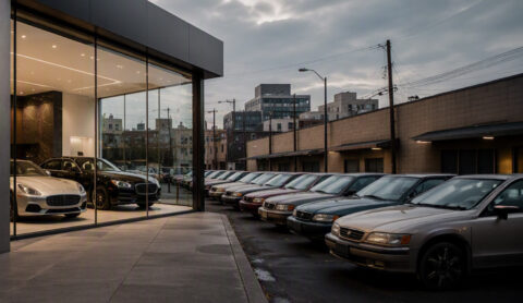 Modern car showroom with glass front and a row of parked vehicles outside, cityscape in the background at dusk.