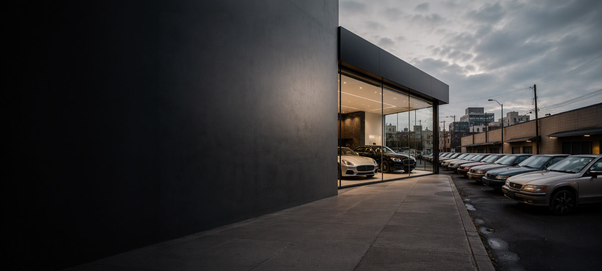 Modern car showroom with glass front and a row of parked vehicles outside, cityscape in the background at dusk.