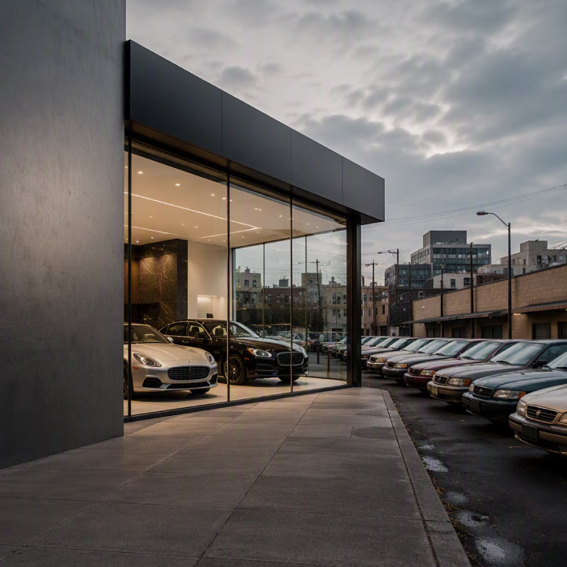 Modern car showroom with glass exterior displaying luxury cars inside and a row of vehicles outside on a cloudy day.