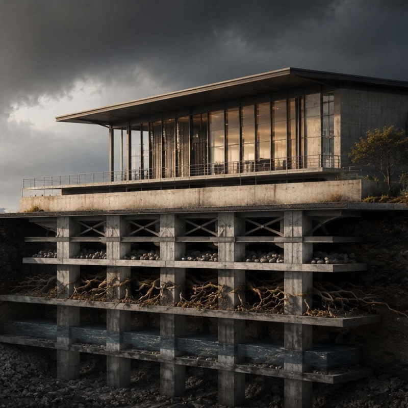 building with visible underground foundations extending deep below the surface, symbolizing the resilience, strategic foresight, and long-term value creation that support organizational longevity