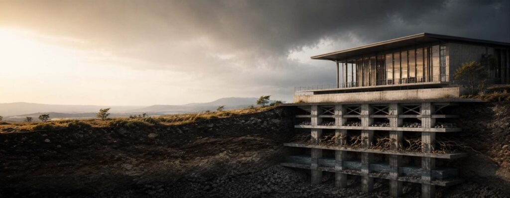 building with visible underground foundations extending deep below the surface, symbolizing the resilience, strategic foresight, and long-term value creation that support organizational longevity - IMD Business School - IMD Business School