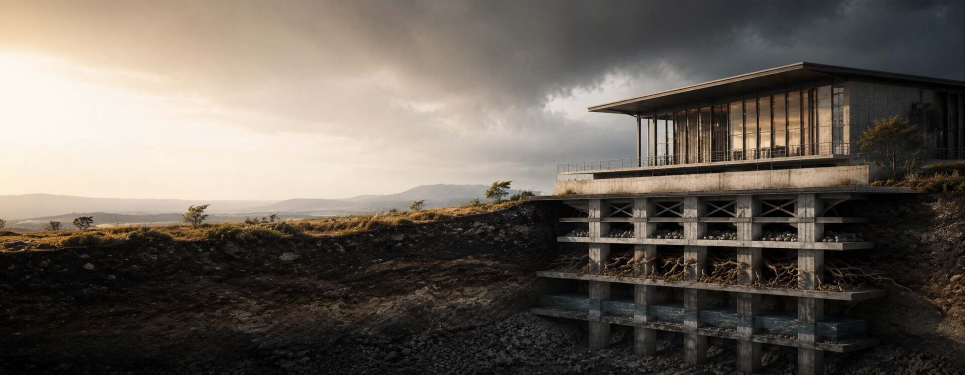 building with visible underground foundations extending deep below the surface, symbolizing the resilience, strategic foresight, and long-term value creation that support organizational longevity