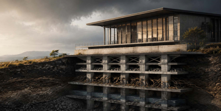 building with visible underground foundations extending deep below the surface, symbolizing the resilience, strategic foresight, and long-term value creation that support organizational longevity