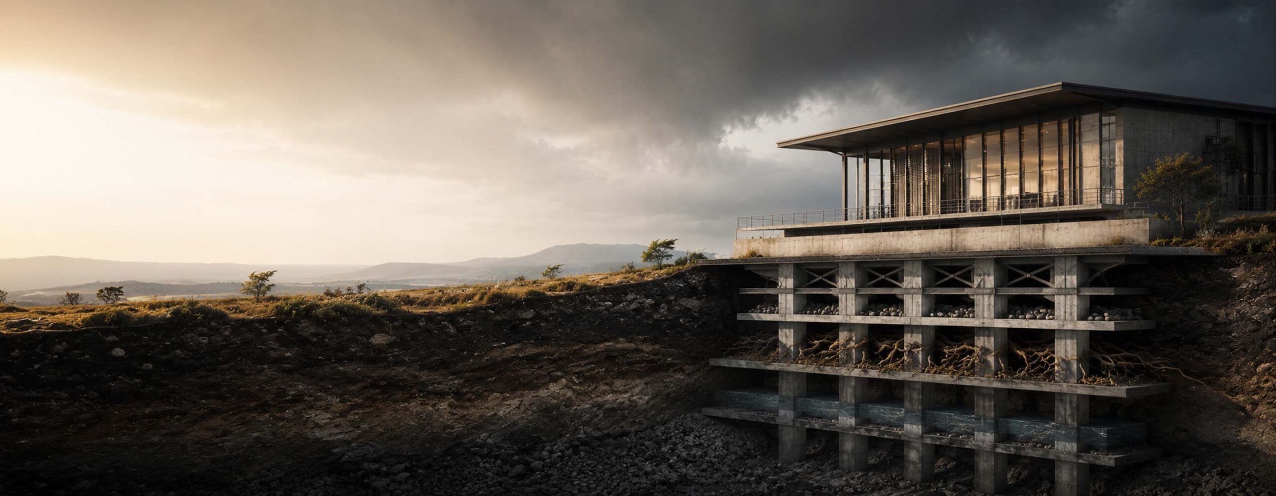building with visible underground foundations extending deep below the surface, symbolizing the resilience, strategic foresight, and long-term value creation that support organizational longevity