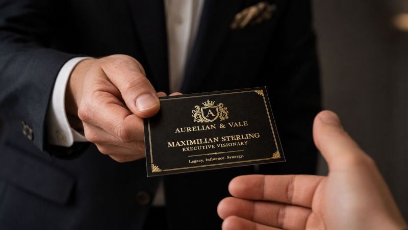 Two hands exchange a black gold-embossed business card, displaying 'Aurelian & Vale' and 'Maximilian Sterling' in gold lettering on a dark card.