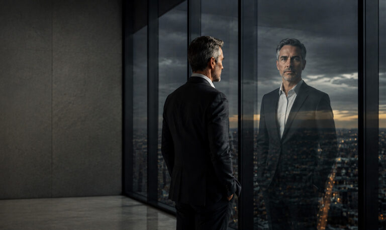 Man in a dark suit stands in a modern office, gazing at his reflection in a glass wall overlooking a city at dusk.